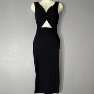 Black Cut Out Ribbed Midi Dress Sleeveless Side Slit Pullover Stretch